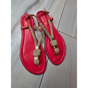 Michael Kors Coral Red Rope T-Strap Flat Sandals Gold Hardware Women's Size 7 A2